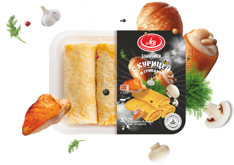 Блинчики с мясом кур и грибами